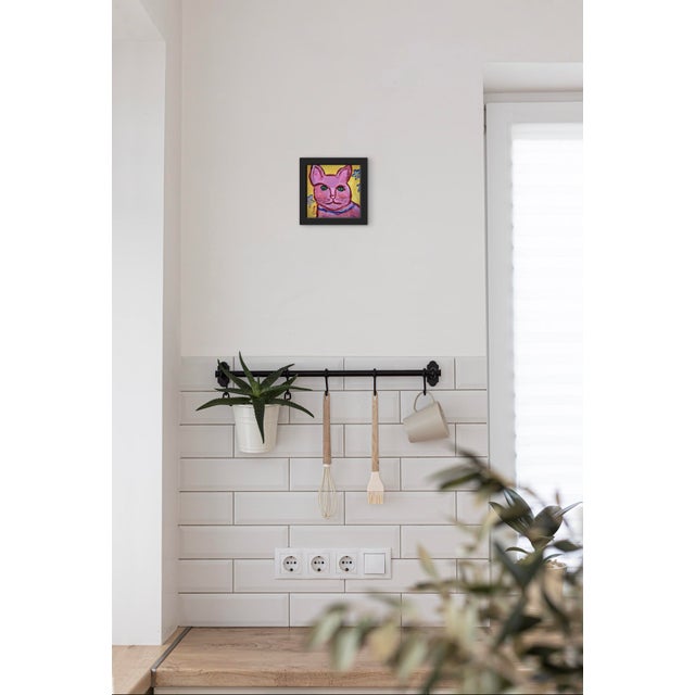 Modern Narratives Collection — “Pink Cat With Green Eyes” (6″×6″, Original Oil on Wood) For Sale - Image 10 of 18