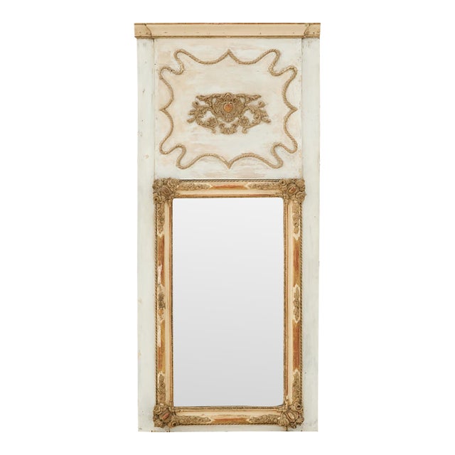 19th Century French Painted & Gilt Trumeau Mirror With Carved Decoration For Sale