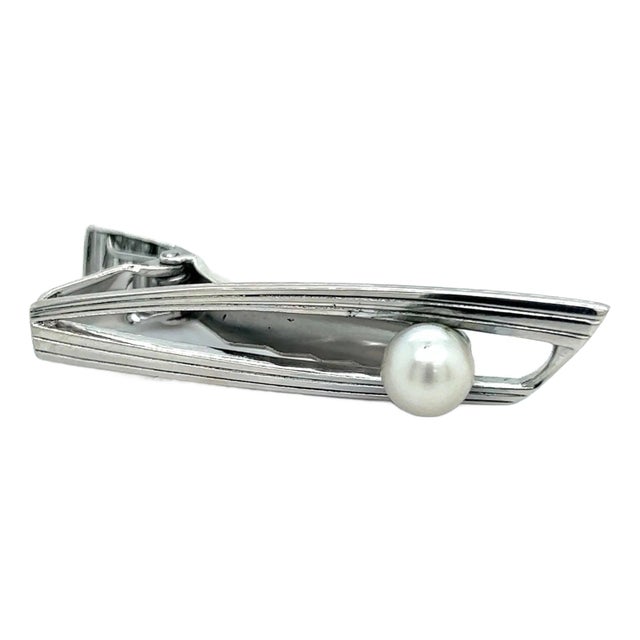 Mikimoto Estate Akoya Pearl Mens Tie Clip 7 mm Sterling Silver For Sale