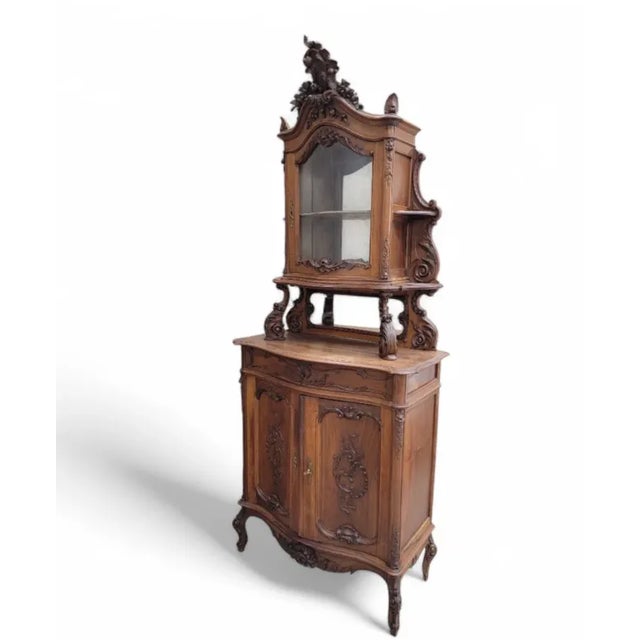 Victorian Antique French Carved Ornate Bombe Vitrine Cabinet For Sale - Image 3 of 12