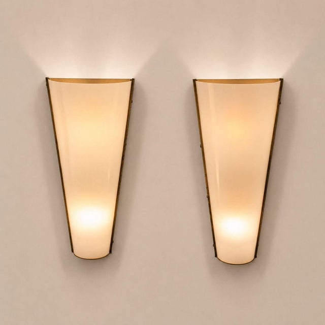 Italian Sconces Brass Acrylic Glass Wall Lights in the style Stilux, 1970s, Set of 2 For Sale - Image 6 of 9