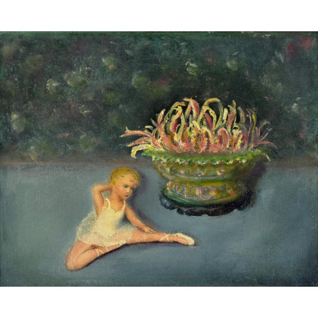Gorgeous oil painting depicting a young blonde ballerina in pose next to a colorful vase with hues of green and pink in...