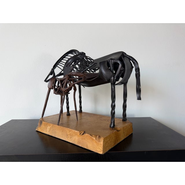 Brown Vintage Brutalist Abstract Mare & Foal Metal Sculpture on Burl Wood Base For Sale - Image 8 of 16