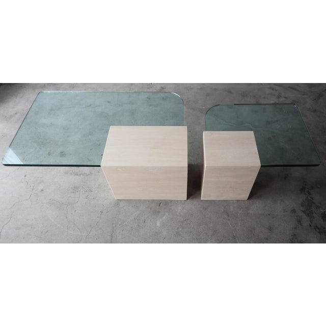 Pair of Italian Travertine and Cantilevered Glass Coffee Tables For Sale - Image 9 of 11