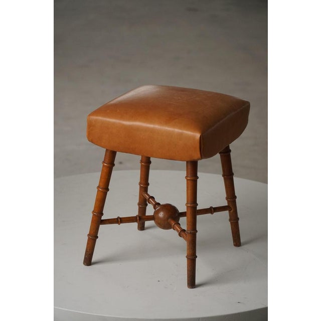 Vintage Danish Turned Wood Stool with Leather Seat, 1930s For Sale - Image 6 of 13