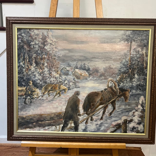 artwork of winter landscape oil painting of Polish artist Edward Mesjasz depicting a snowy scene with a horse and figures...