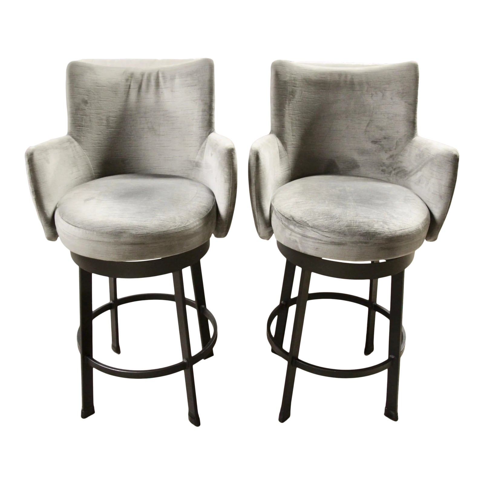 Contemporary Gray Velvet Swivel Counter Stools, Pair Chairish