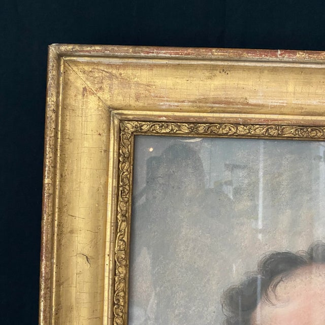 Blue Early 19th Century Early French Pastel Portrait of Thinking Man in Waistcoat, in Gold Gilt Frame For Sale - Image 8 of 12