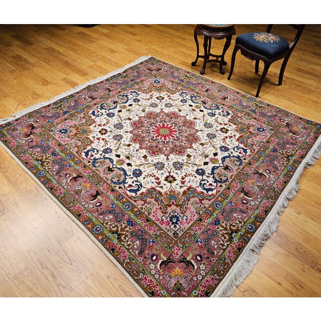 Textile Vintage Persian Tabriz Square Area Rug, Hand-Knotted Wool & Silk, Fine Medallion Floral Pattern, Ivory & Pale Pink, 7x7 For Sale - Image 7 of 16