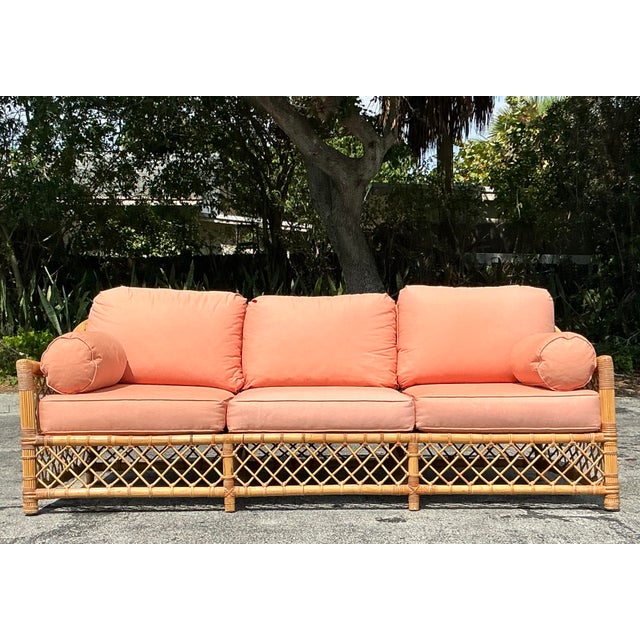 Vintage Coastal McGuire Trellis Rattan Sofa For Sale - Image 9 of 12