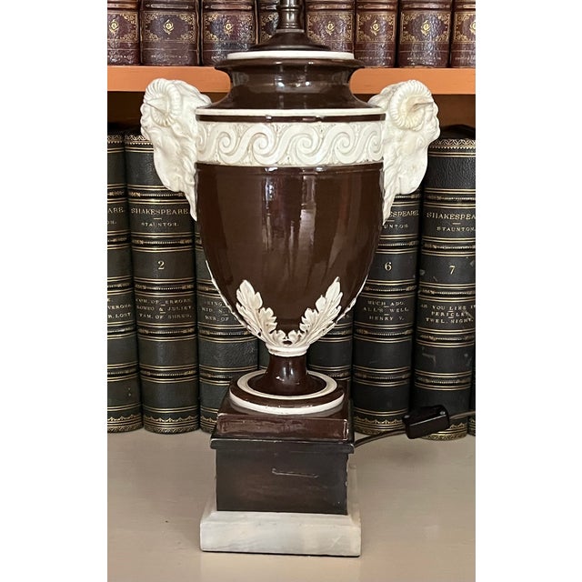 Fine Antique 19th Century Italian Creamware Urn With Goat Mask Handles Mounted as a Table Lamp For Sale - Image 11 of 15