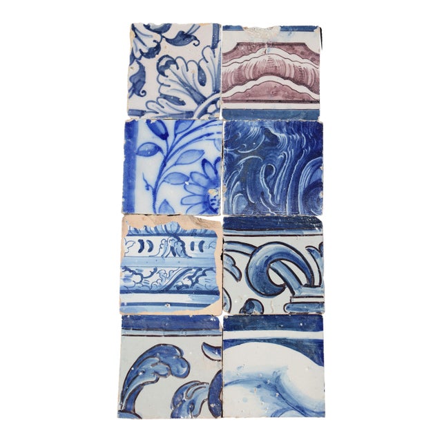 Antique Portuguese Baroque Tiles With Ornamental Scrollwork & Botanical Details, Set of 8 For Sale
