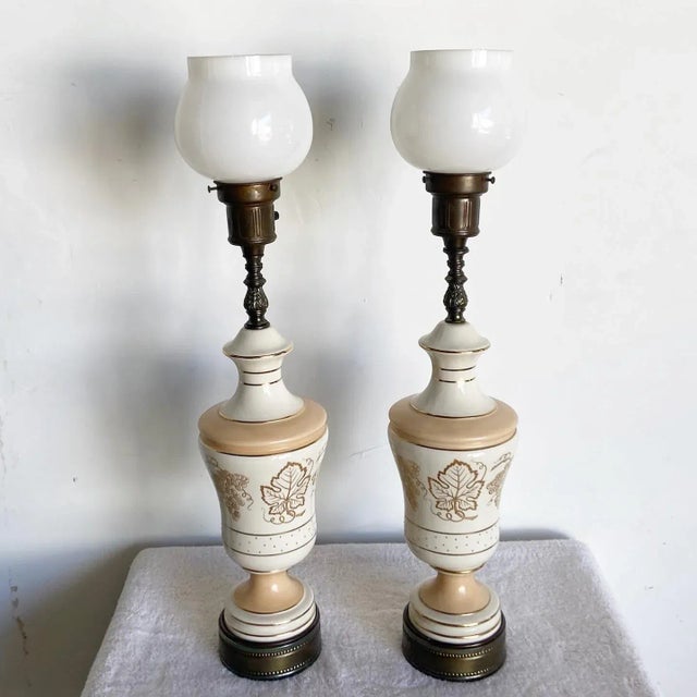Metal Mid Century Porcelain and Brass Table Lamps For Sale - Image 7 of 11