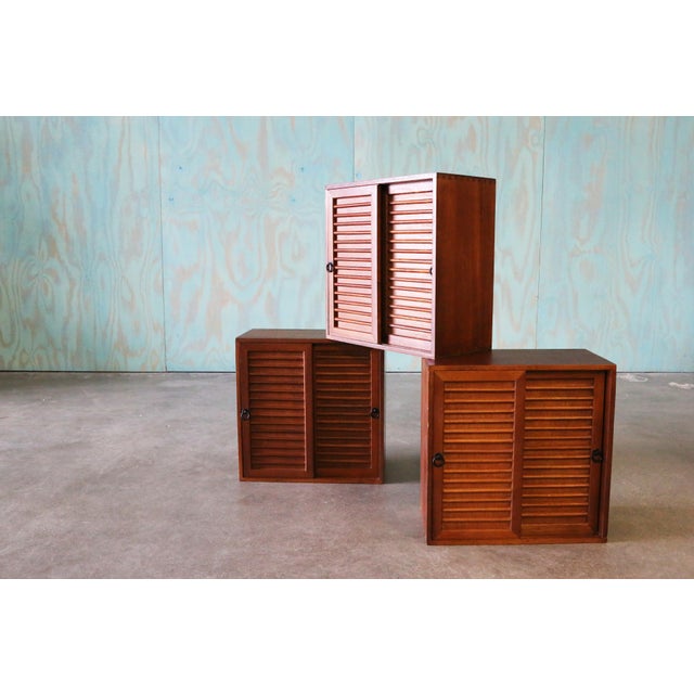 Studio Made Walnut Mid Century Modern 2 Sided Cabinets Set of 3 For Sale - Image 12 of 13