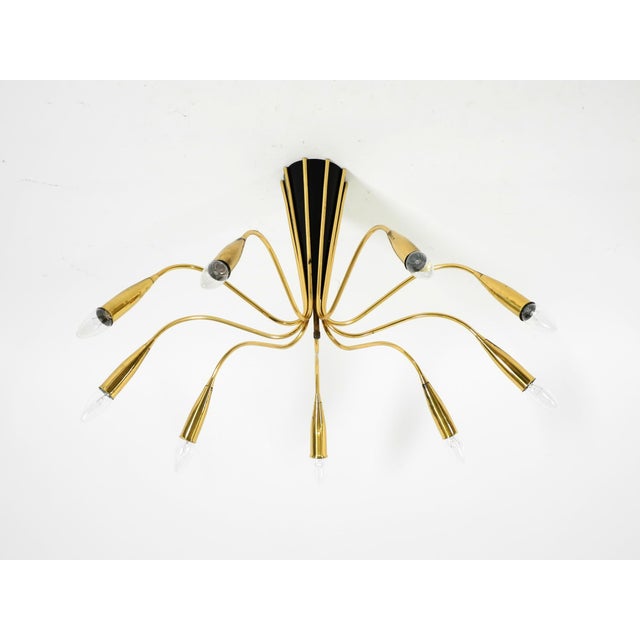 1950s Large Mid-Century Modern Brass 9-Arm Sputnik Chandelier, 1950s For Sale - Image 5 of 18