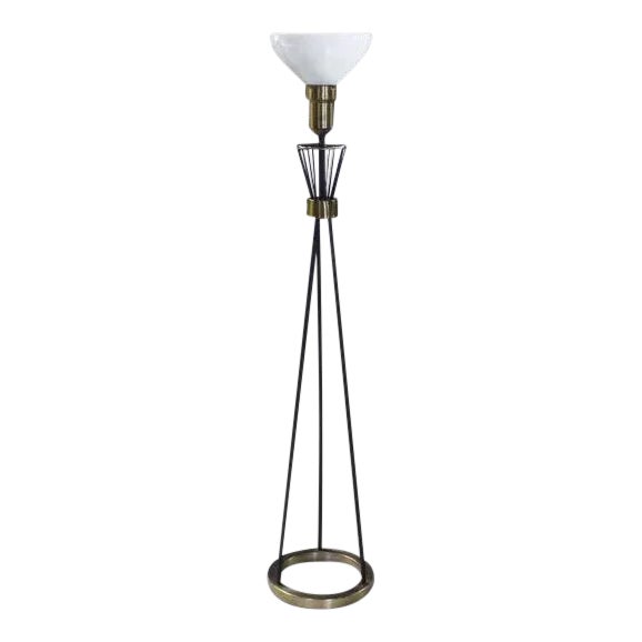 Round Brass Base Iron Spokes Midcentury Floor Lamp For Sale