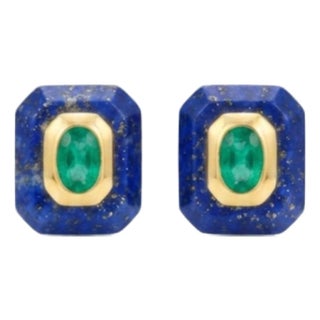 Natural Emerald & Lapis Earring in 14k Gold For Sale