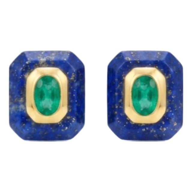 Natural Emerald & Lapis Earring in 14k Gold For Sale
