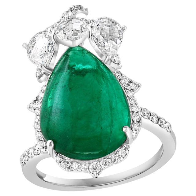 9 Ct Finest Zambian Sugar Loaf Emerald & 2 Ct Rose Cut Diamond Ring Size 7 For Sale - Image 15 of 18