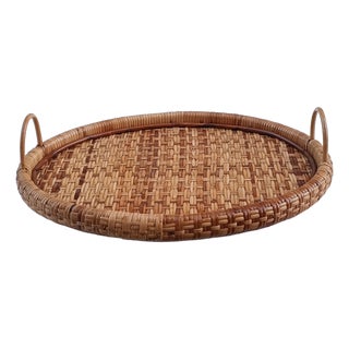 Woven Wicker Tray with Handles, 1970s For Sale