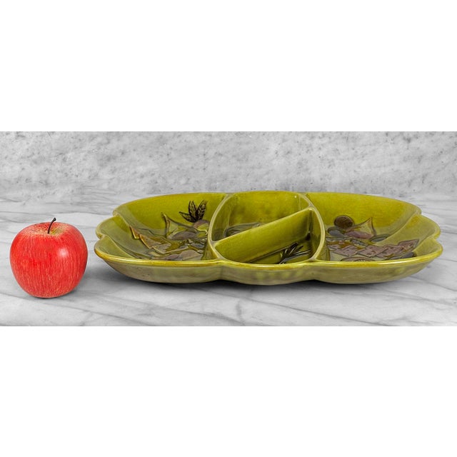 Vintage Calif. Pottery Avocado Green Divided Appetizer Serving Tray, c.1969 - Pairs Nicely with Many Mid-Century &...