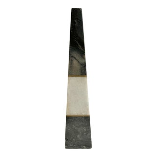 Contemporary Two Toned Grey Marble Obelisk With Brass Inlay For Sale
