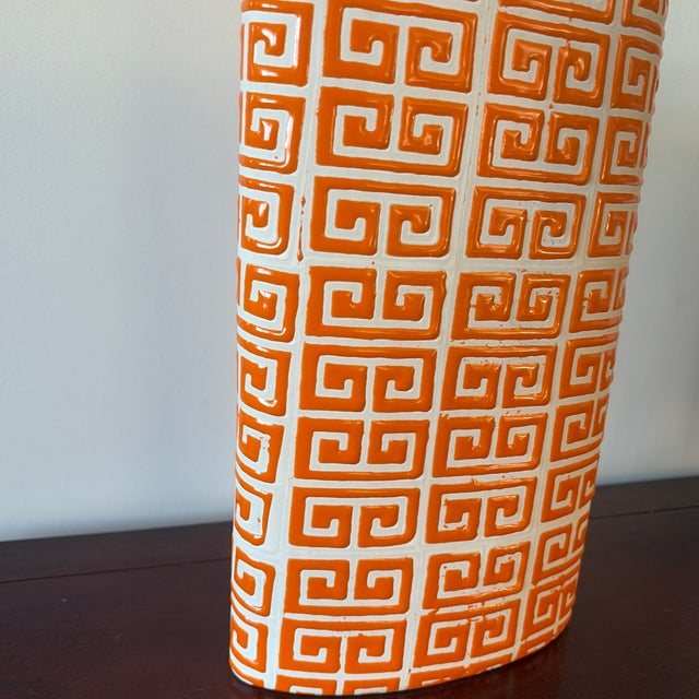 Orange Large Orange & White Greek Key Ceramic Vase | Hollywood Regency Style For Sale - Image 8 of 8