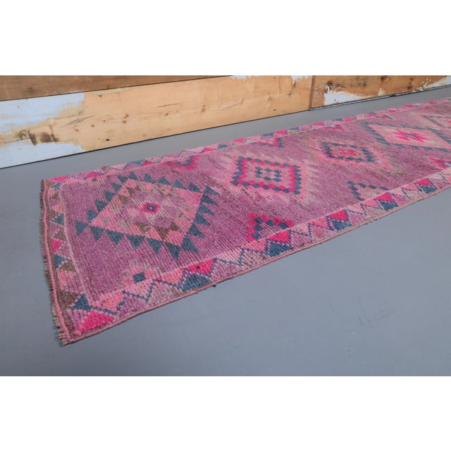1970s Turkish Handmade Wool Pink Diamond Runner For Sale - Image 4 of 9