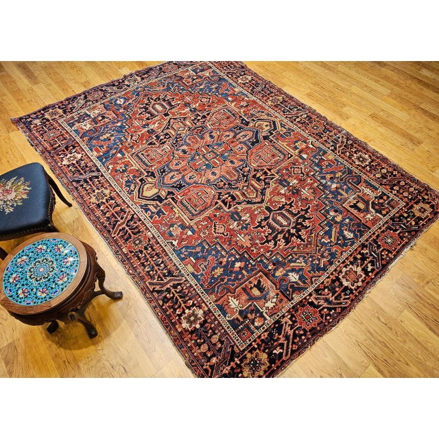 Vintage Heriz Serapi Rug, Hand-Knotted Wool, Geometric Pattern, Rust-Red & Blue, 7x10 For Sale - Image 9 of 18