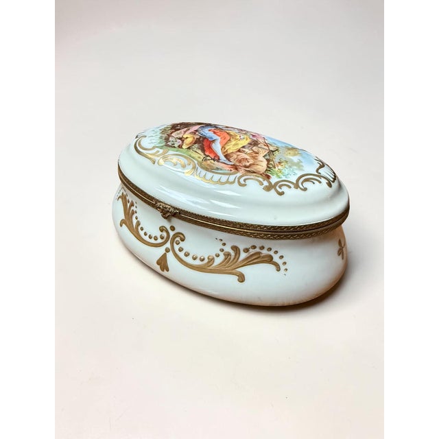 Ceramic Signed Hand Painted Antique Porcelain Hinged Oval Dresser Box or Jewelry Casket. For Sale - Image 7 of 13