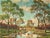 A luminous pastoral oil painting by George H. Barker, depicting two cows beside a reflective pond amid sunlit meadows and...
