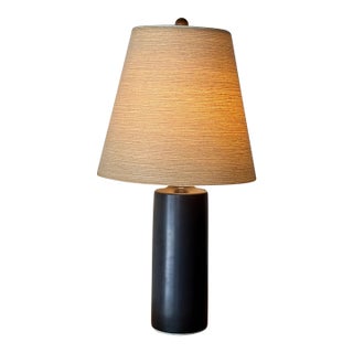 1960s Mid-Century Modern X-Large Lotte Bostlund Espresso Ceramic Table Lamp With Jute Shade For Sale