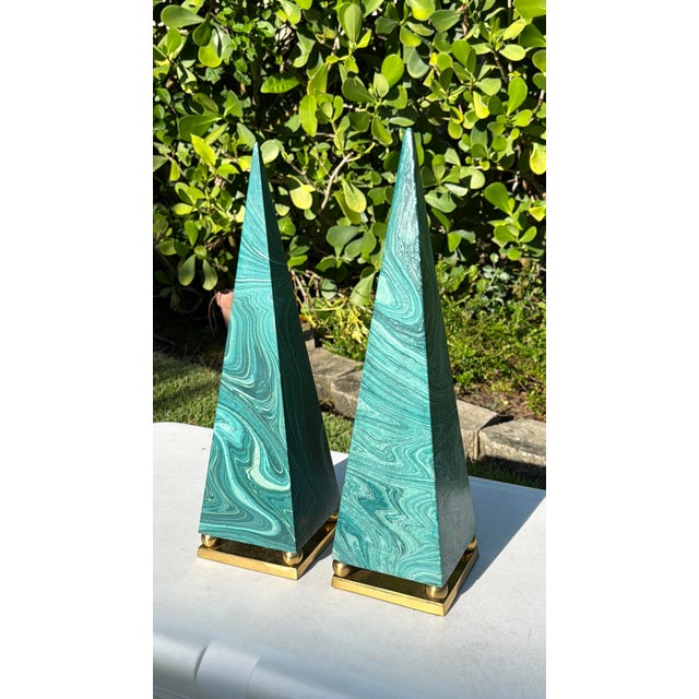 Vintage Faux Malachite Obelisk Sculptures With Brass Bases, Pair For Sale In Naples, FL - Image 6 of 12