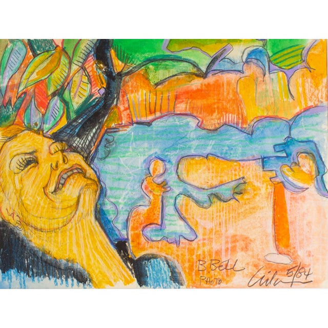 A 1984 mixed media drawing by the American artist Harry Hilson (1935-2004). Titled B Bell Photo, this vibrant abstract...