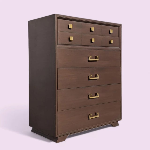 Brown Mid-Century Modern Six-Drawer Tallboy Dresser With Brass Handles For Sale - Image 8 of 10
