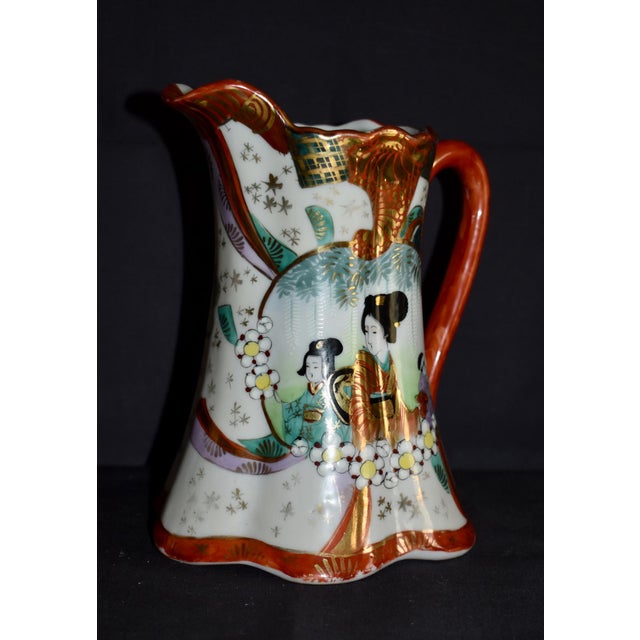 Antique Porcelain Pitcher Japanese Kutani Geisha Ware Hand Painted Gold Red Jug For Sale - Image 12 of 12