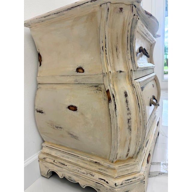 Vintage French Provincial Bombé Marble-Top Chest / Distressed Louis XV Style 2-Drawer Commode For Sale - Image 4 of 6