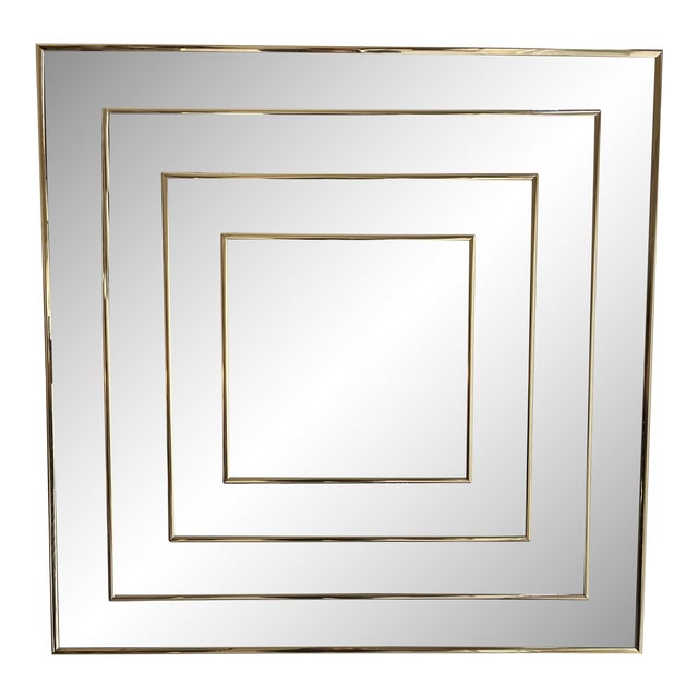 Op Art Square Brass Framed Mirror For Sale