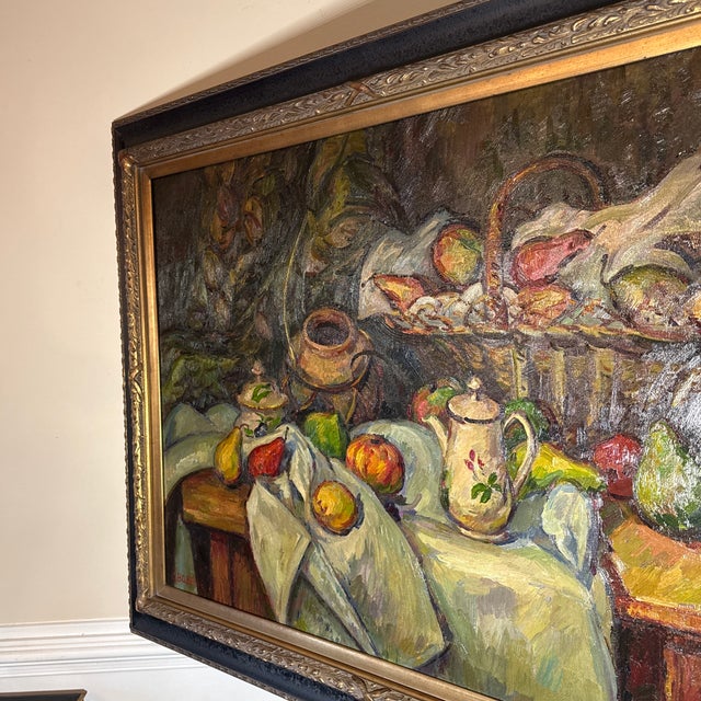 Wood Vintage Original Oil Painting Still Life Fruit Basket Impressionist Framed &Signed For Sale - Image 7 of 9