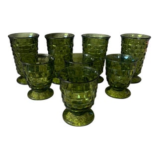 1960s Mid Century Modern Indiana Glass Whitehall Cubist Avacado Green - Set of 8 For Sale