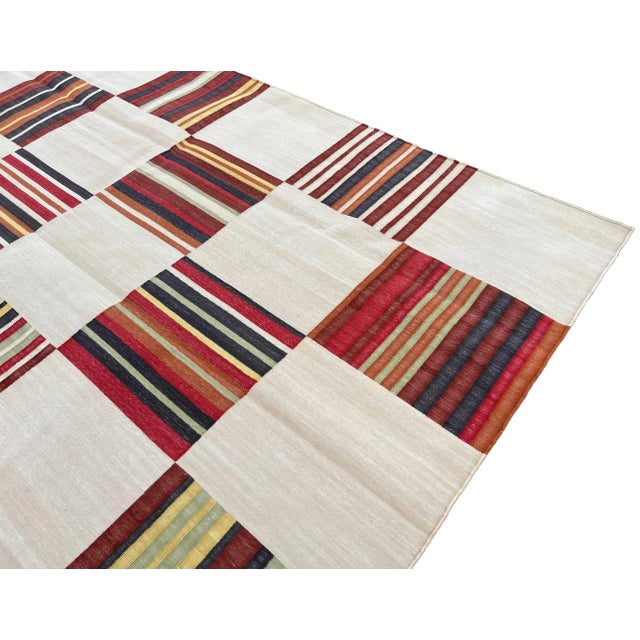 Handwoven Cotton Area Rug Vegetable Dyed Beige and Red Tile Patterned Dhurrie - 8'x10' For Sale - Image 6 of 10