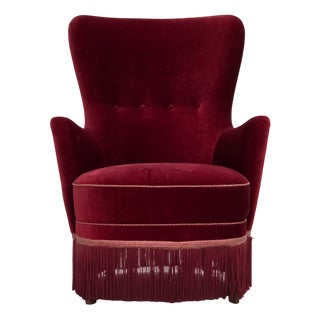 Danish Armchair in Cherry-Red Velour with Ash Legs, 1970s For Sale