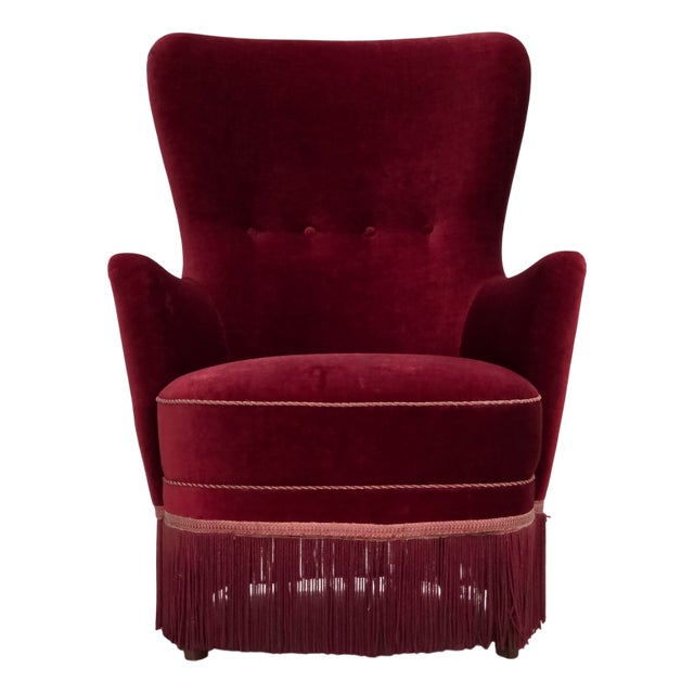 Danish Armchair in Cherry-Red Velour with Ash Legs, 1970s For Sale
