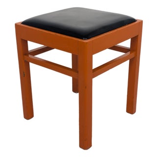 Vintage Orange Pouf in Black Faux Leather, 1950s For Sale