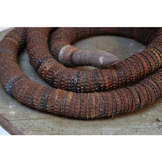 Vintage Folk Art Hand-Carved Wood and Bottlecap Snake on Octagonal Base For Sale - Image 12 of 12