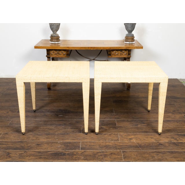 Mid-Century Modern Pair of Baker Furniture Midcentury Wicker Side Tables with Tapered Legs For Sale - Image 3 of 10