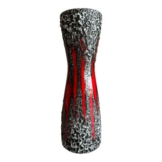 Vintage West German Fat Lava Hourglass Floor Vase in Red & Black Textured Glaze For Sale