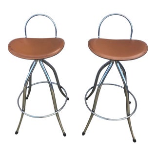 1980s Vintage Art Ben of Italy Chrome and Leather Bat Stools - a Pair For Sale