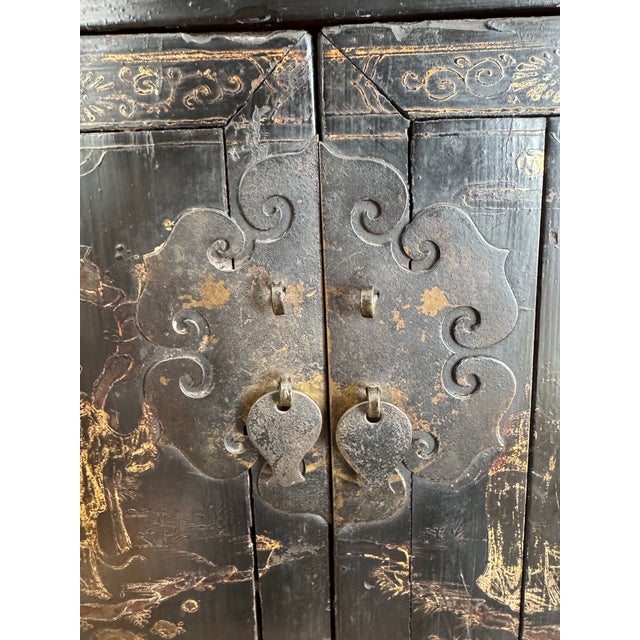 Antique Chinese Black Lacquer Jewelry Cabinet Gold Gilt Figural Chest For Sale - Image 10 of 11