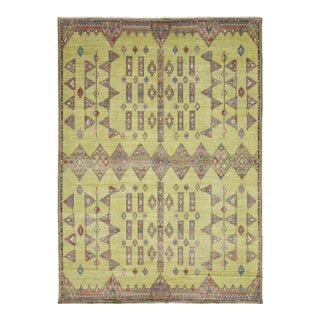 Modern Khotan Style Hand-Knotted Wool Rug - Green & Earth Tone Geometric Design For Sale